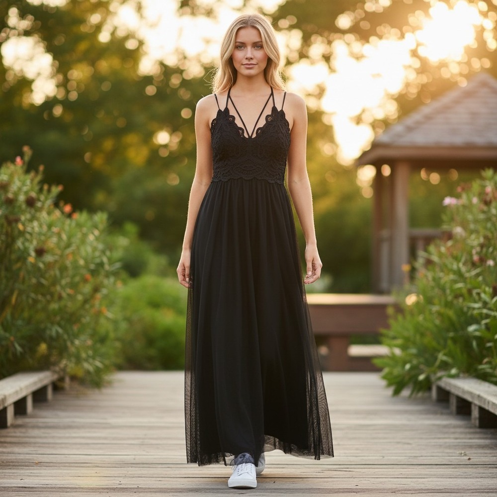 Black Lace Maxi Dress Boho Crochet Smocked Back Long Formal Evening Size M